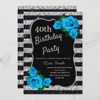 Birthday Silver Black Stripes Glitzer Blau Rose Einladung