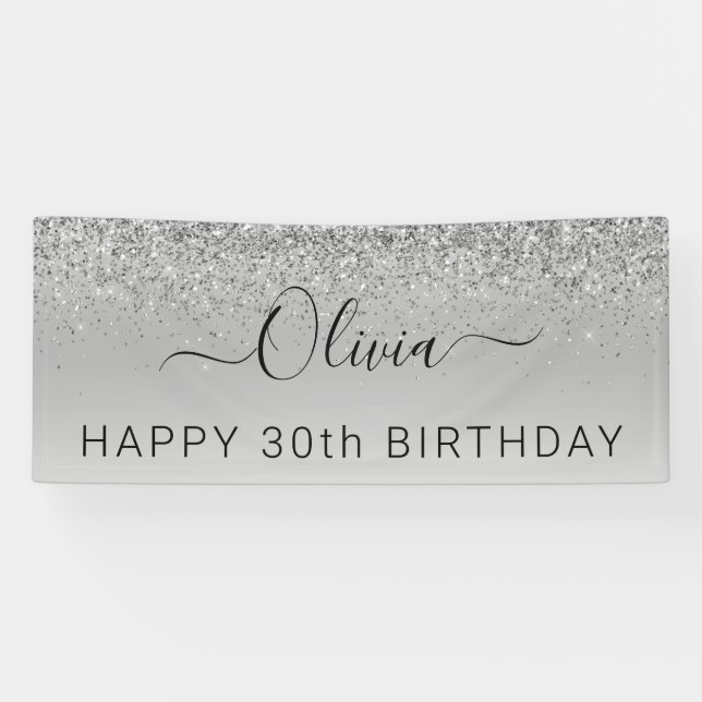 Birthday Silver Glitzer Girly Modern Banner (Horizontal)
