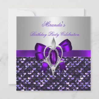 Birthday Silver Sequins Lila Diamond Bow Einladung