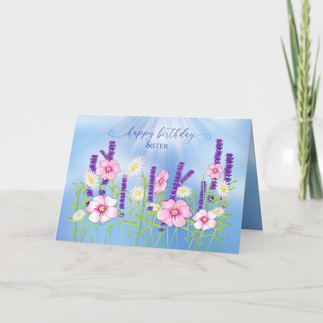 Birthday Sister Soft Delicate Flower Garden Blue Karte (Vorderseite)
