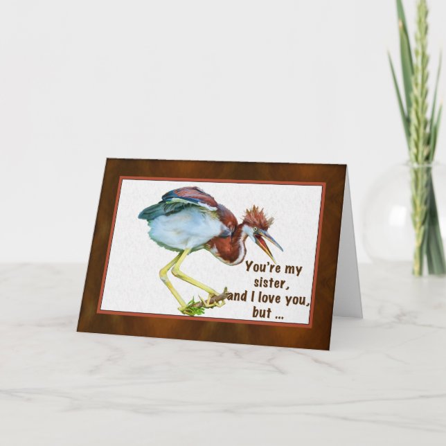 Birthday, Sister, Tricolored Heron, Humor Karte (Vorderseite)