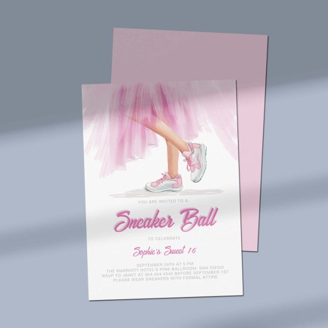 Birthday Sneaker Ball Ballerina Princess Sweet 16 Einladung (birthday sneaker ball invitation sweet 16 princess ballerina dress pink tulle white elegant feminine)