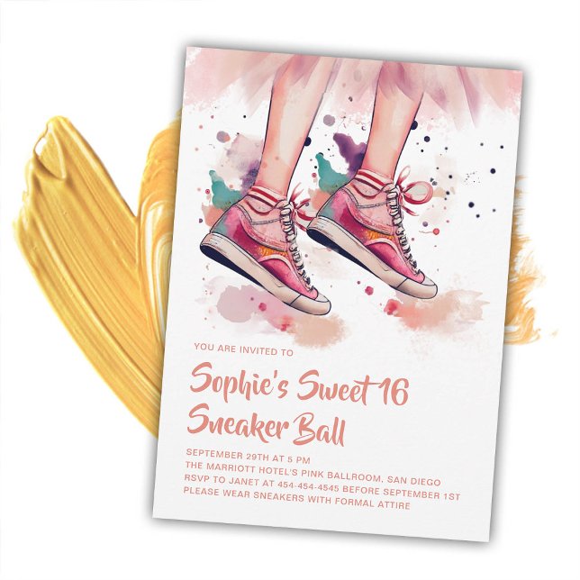 Birthday Sneaker Ball Grunge Aquarell Sweet 16 Einladung (birthday sneaker ball invitation sweet 16 grunge painter rag watercolor splash pink teal purple chic)