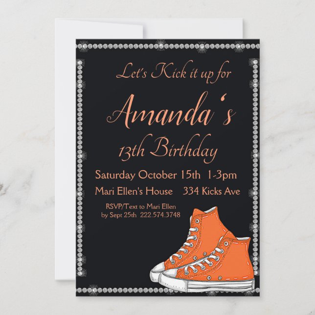 Birthday Sneaker, Orangefarbene Sneakers, Diamante Einladung (Vorderseite)
