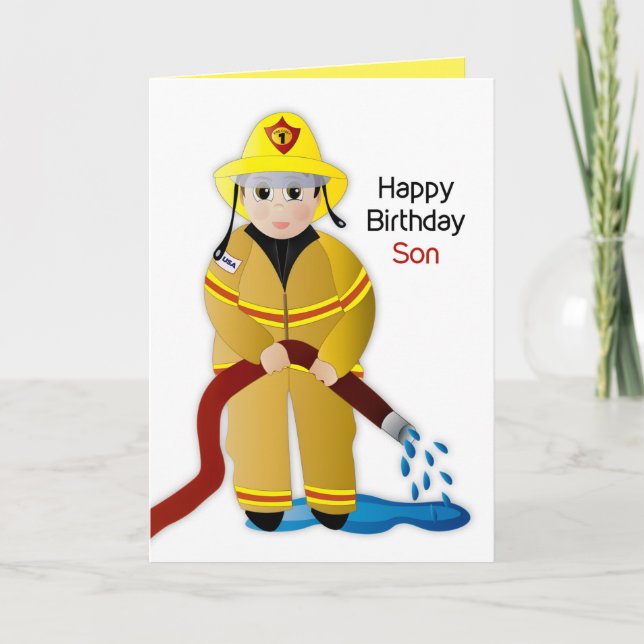Birthday Son Feuerwehrmann mit Wasserschlauchkarte Karte (Vorderseite)