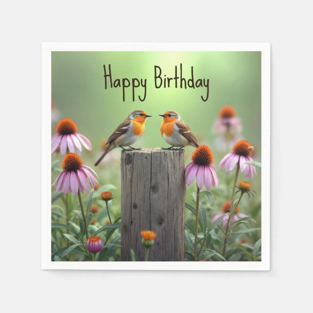 Birthday Songbirds On a Post With Coneflowers Serviette (Vorderseite)