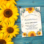 Birthday Sonnenblume Eukalyptus grün Glitzer Einladungspostkarte<br><div class="desc">Für eine 40. Geburtstagsfeier (oder jedes Alter). Ein goldfarbener Hintergrund mit Sonnenblumen in Aquarelltönen, Eukalyptusgrün und goldenen Blätter. Imitate vergoldeten Glitzer Staub. Personalisieren und fügen Sie Ihre Namen und Hochzeitsdetails. Zurück: goldweißer Hintergrund, Staub aus Glitzer. Design der Postkarte. Tipp: Wenn Sie es nicht so gewollt haben, dass es wie eine...</div>