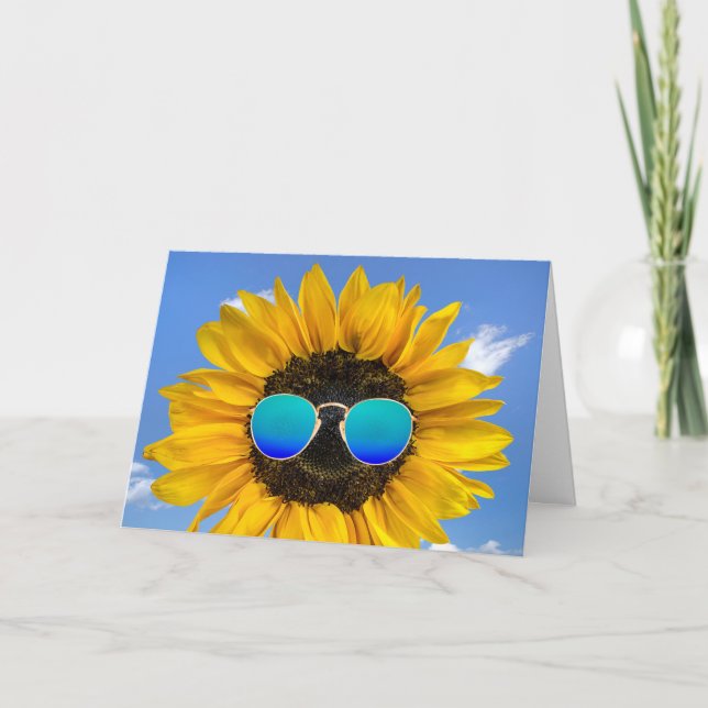 Birthday Sonnenblume mit Retro-Sonnenbrille-Karte Karte (Vorderseite)
