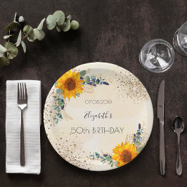 Birthday Sonnenblumen Eukalyptus grün Glitzer Pappteller