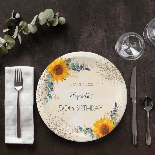 Birthday Sonnenblumen Eukalyptus grün Glitzer Pappteller (Von Creator hochgeladen)