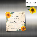 Birthday Sonnenblumen Eukalyptusgold Save the Date Magnet<br><div class="desc">Ein trendiger Save the Date für eine 40. Geburtstagsfeier (oder ein beliebiges Alter). Ein stilvoller weißer Hintergrund mit Sonnenblumen, Eukalyptusgrün, goldenem Blattwerk und Imitaten goldenen Glitzer Staub. Personalisieren und fügen Sie Datum, Namen und Text hinzu. Der Text: Save the Date wird mit einem großen angesagten, handgeschriebenen Stilskript mit Swashes geschrieben....</div>