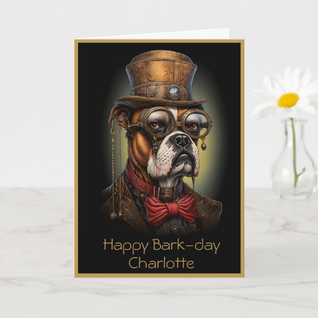 Birthday Steampunk Boxer Dog Individuelle Name Tex Karte (Kleine Pflanze)