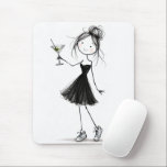 Birthday Stick Figure Girl with Martini Mousepad<br><div class="desc">A cute stick-figure girl wearing a black cocktail dress and sneakers holds a martini on a white background.</div>