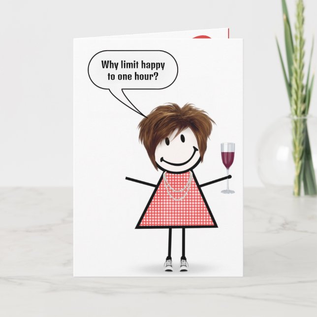 Birthday Stick Figure Girl With Wine Glass Karte (Vorderseite)