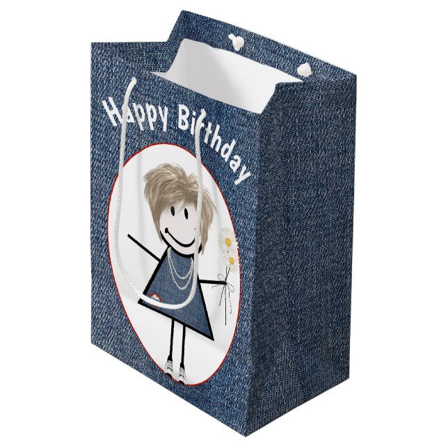 Birthday Strichmännchen Girl on Denim Mittlere Geschenktüte (Vorderseite Schrägansicht)