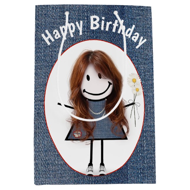 Birthday Strichmännchen Girl on Denim Mittlere Geschenktüte (Vorderseite)