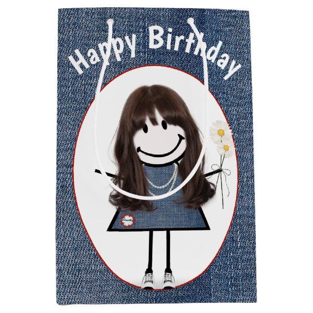 Birthday Strichmännchen Girl on Denim Mittlere Geschenktüte (Vorderseite)