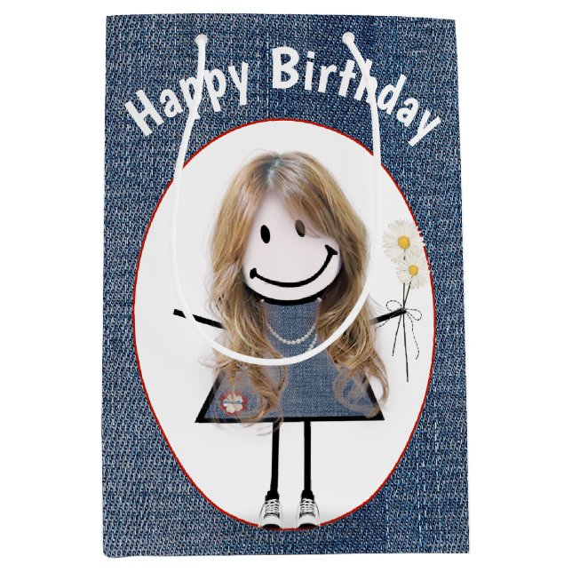 Birthday Strichmännchen Girl on Denim Mittlere Geschenktüte (Vorderseite)
