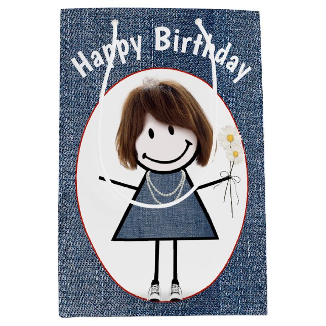 Birthday Strichmännchen Girl on Denim Mittlere Geschenktüte (Vorderseite)