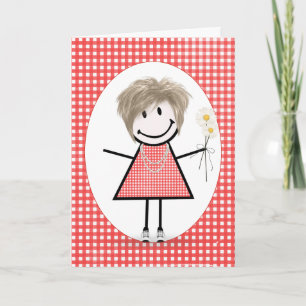 Birthday Strichmännchen Girl on Red Gingham Karte