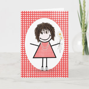 Birthday Strichmännchen Girl on Red Gingham Karte