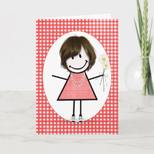 Birthday Strichmännchen Girl on Red Gingham Karte