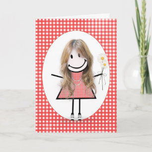 Birthday Strichmännchen Girl on Red Gingham Karte