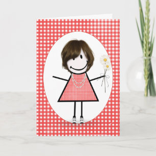 Birthday Strichmännchen Girl on Red Gingham Karte