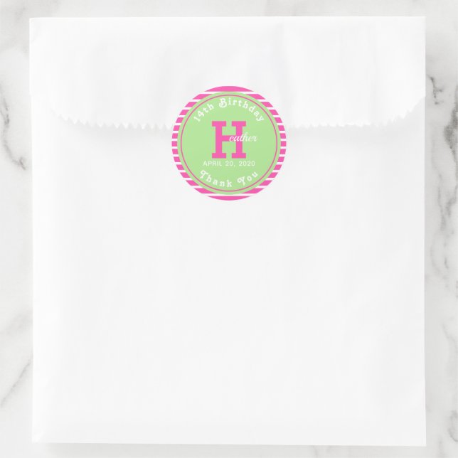 Birthday Stripes Pink ⎮ White Green Runder Aufkleber (Tasche)