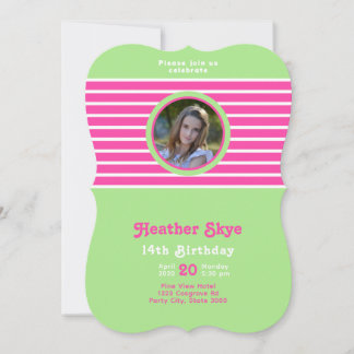 Birthday Stripes Rosa ⎮ weiße grüne Einladung