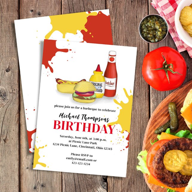 Birthday Summer GRILLEN Custom Party Einladung (Birthday invitation with hamburger, hotdog, ketchup, and mustard.)