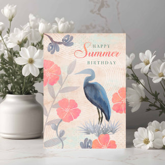 Birthday Summer Leaves Flowers and Heron Karte