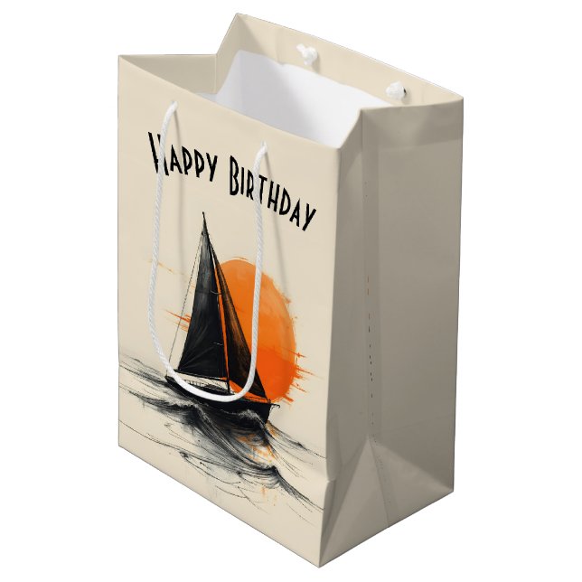 Birthday Sunrise Sailboat Silhouette Sketch Mittlere Geschenktüte (Vorderseite Schrägansicht)