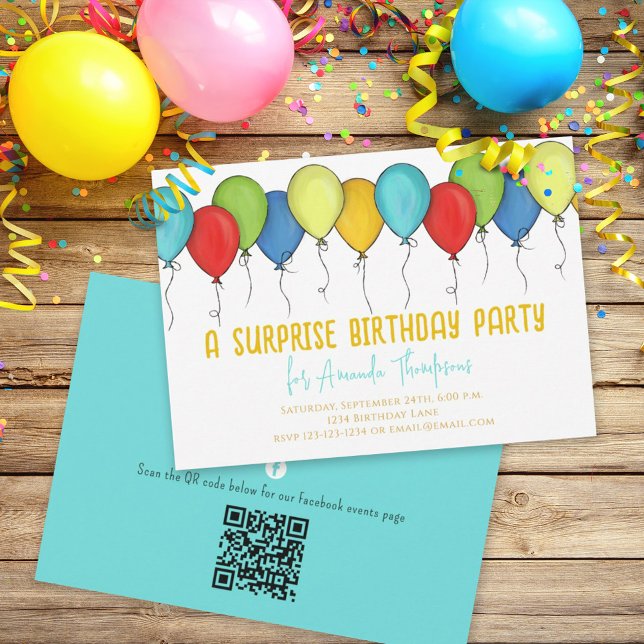 Birthday Surprise Party Balloons QR Code Facebook Einladung (Von Creator hochgeladen)