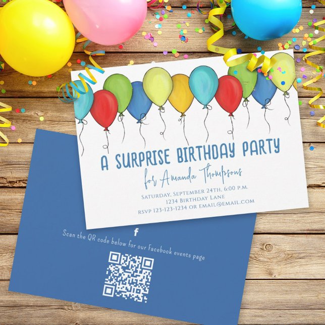 Birthday Surprise Party Balloons QR Code Facebook Einladung (Von Creator hochgeladen)