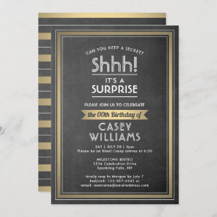 Birthday Surprise Party Black Chalkboard und Gold Einladung