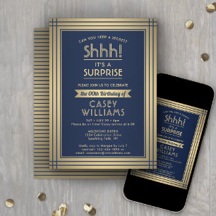 Birthday Surprise Party Elegant Navy Blue and Gold Einladung