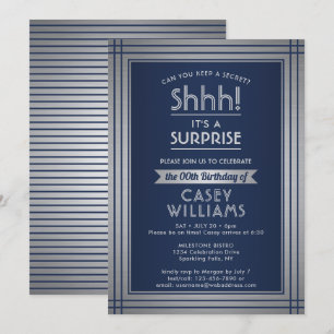 Birthday Surprise Party Elegant Navy Blue & Silver Einladung
