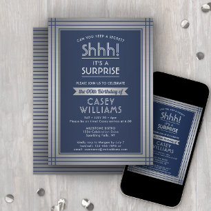 Birthday Surprise Party Elegant Navy Blue & Silver Einladung