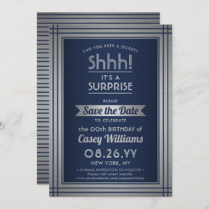 Birthday Surprise Party Elegante Navy Blue & Silve Save The Date