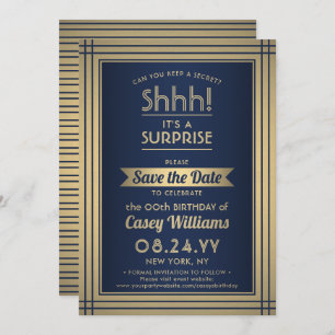 Birthday Surprise Party Elegante Navy Blue und Gol Save The Date