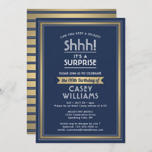 Birthday Surprise Party Navy Blue, White und Gold Einladung