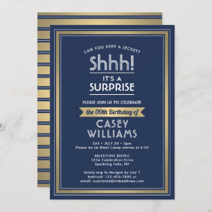 Birthday Surprise Party Navy Blue, White und Gold Einladung