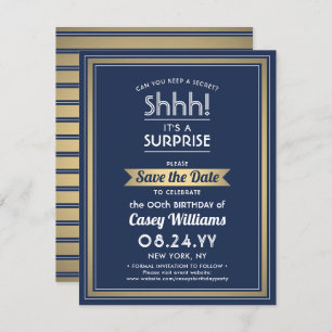 Birthday Surprise Party Navy Blue, White und Gold Save The Date