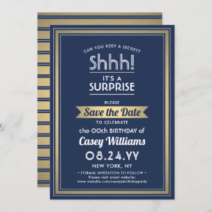 Birthday Surprise Party Navy Blue, White und Gold Save The Date