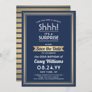 Birthday Surprise Party Navy Blue, White und Gold Save The Date
