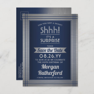 Birthday Surprise Party Navy Silver Save the Date Ankündigungspostkarte