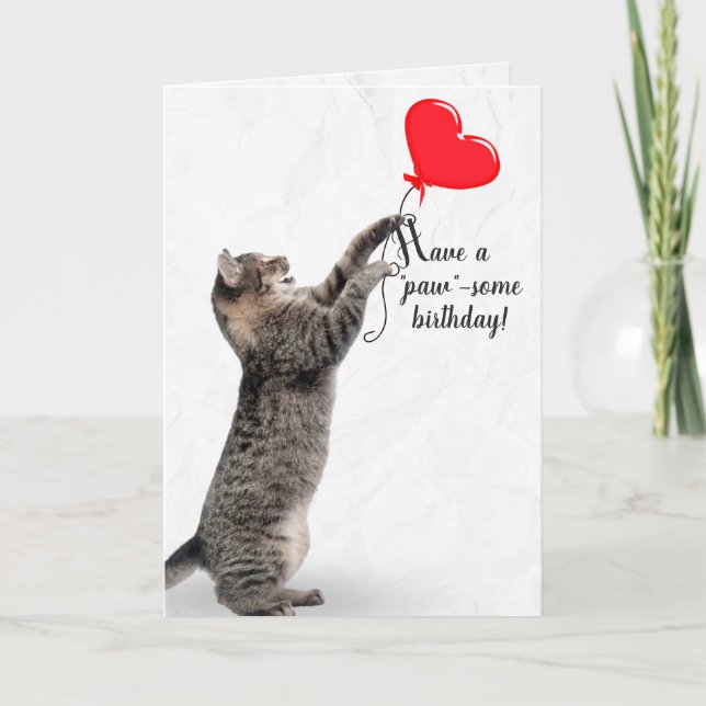 Birthday Tabby Cat mit Herzballon Karte (Vorderseite)