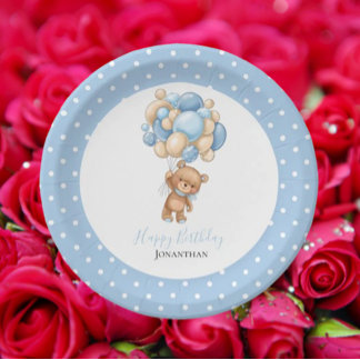 Birthday Teddy Bear Boy Blue Balloons Poke Dots Pappteller