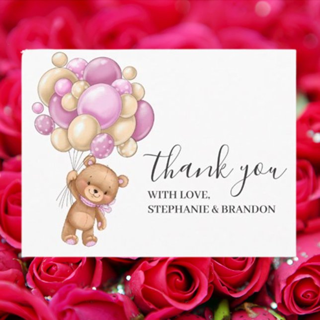 Birthday Teddy Bear PINK Balloons Danke Karte (Express your heartfelt gratitude with our Birthday Teddy Bear PINK Balloons Thank You Card)